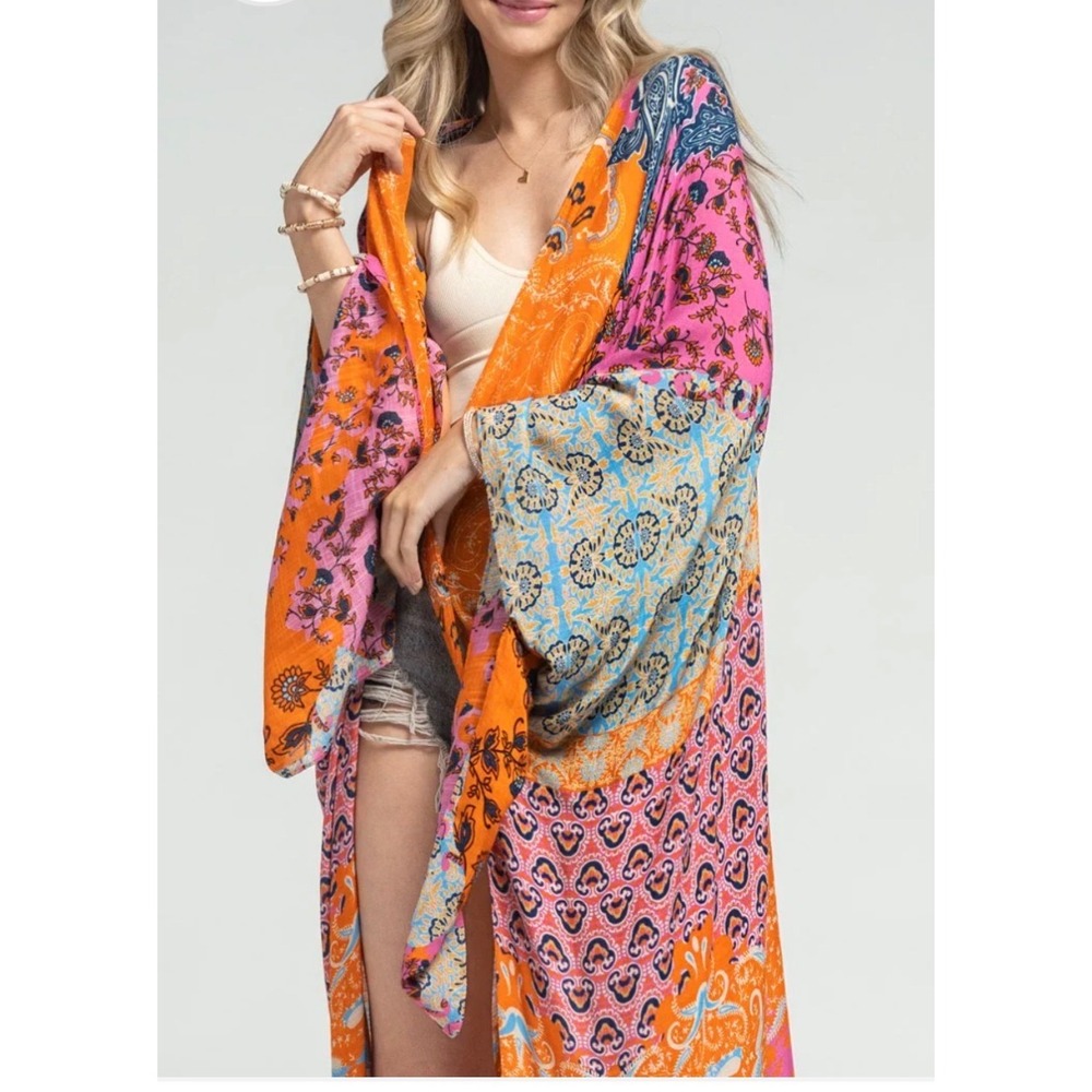 Ruggine Women Multi Color Patchwork Paisley Floral Longline Kimono Wrap OS